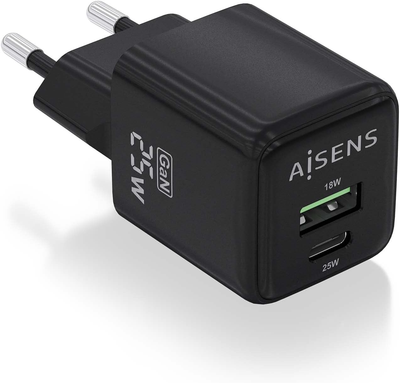 Carregador de Parede GaN Aisens ASCH-25W2P015-BK/ 1xUSB Tipo-C/ 1xUSB/ 25W