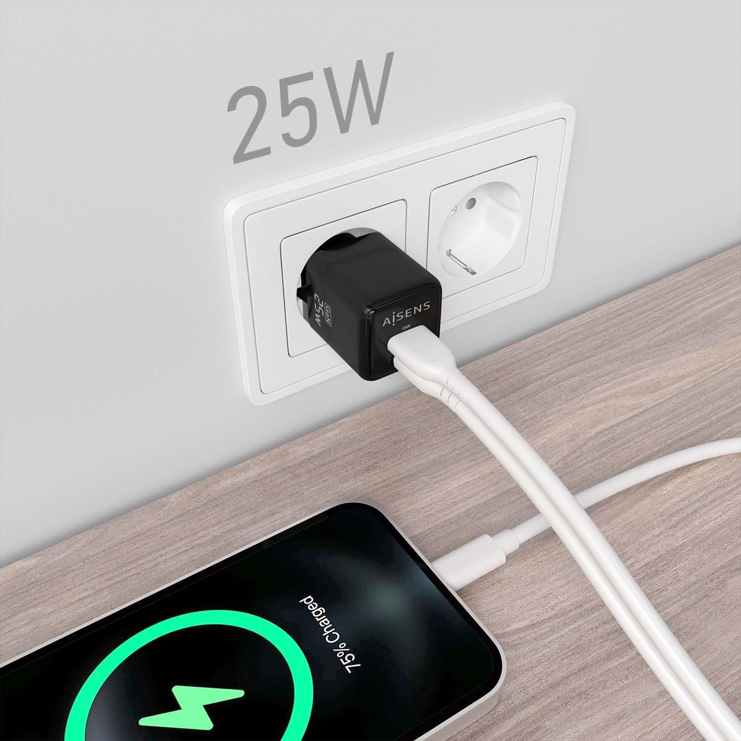 Carregador de Parede GaN Aisens ASCH-25W2P015-BK/ 1xUSB Tipo-C/ 1xUSB/ 25W - Imagem 5