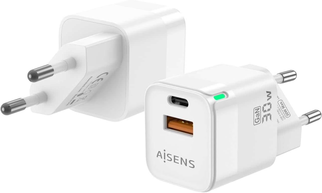 Carregador de Parede GaN Aisens ASCH-30W2P004-W/ 1xUSB Tipo-C/ 1xUSB/ 30W