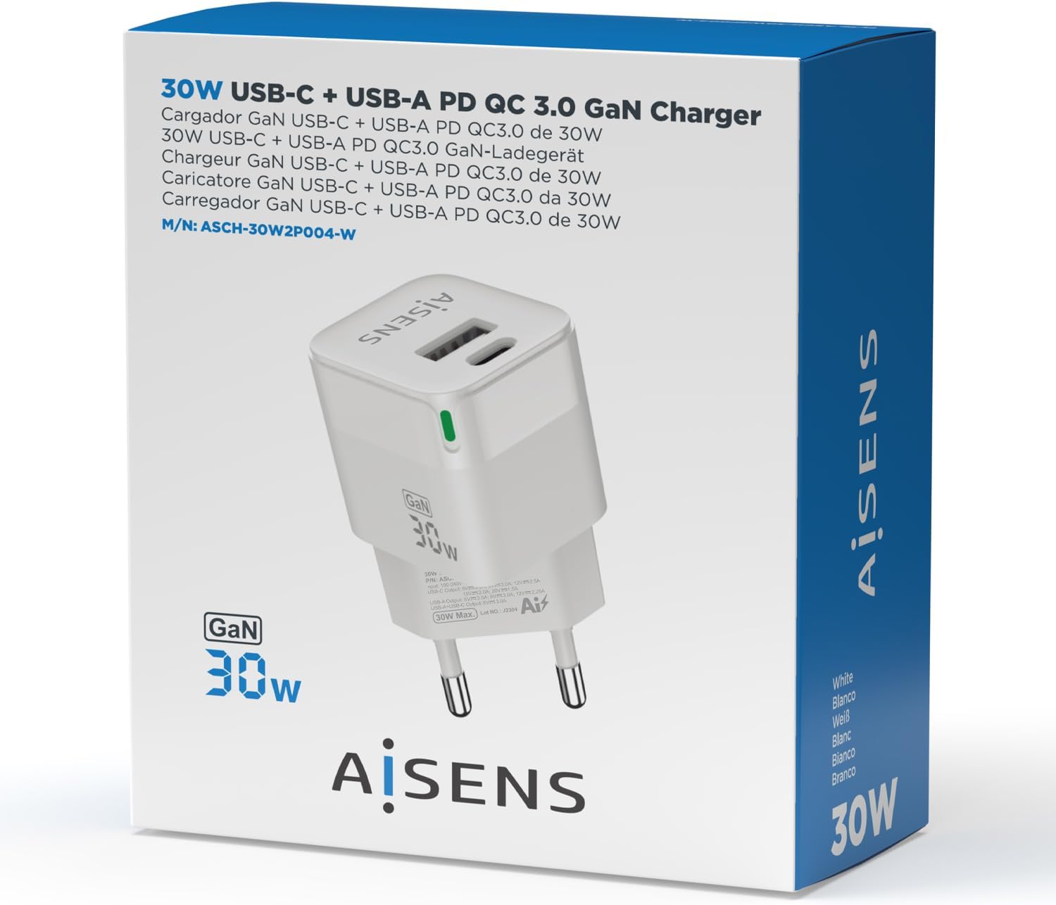Carregador de Parede GaN Aisens ASCH-30W2P004-W/ 1xUSB Tipo-C/ 1xUSB/ 30W - Imagem 5