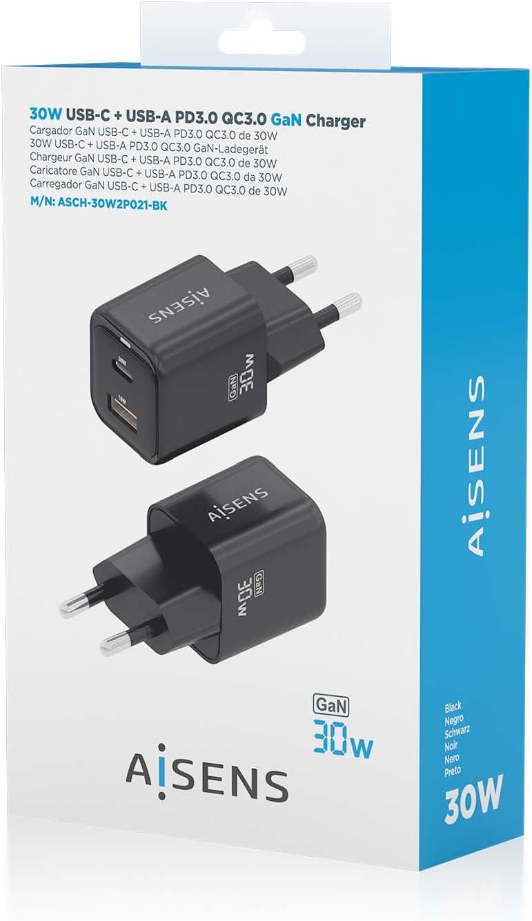 Carregador de Parede GaN Aisens ASCH-30W2P021-BK/ 1xUSB Tipo-C/ 1xUSB/ 30W - Imagem 7