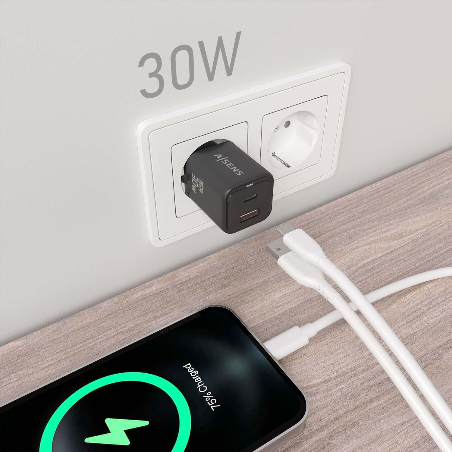 Carregador de Parede GaN Aisens ASCH-30W2P021-BK/ 1xUSB Tipo-C/ 1xUSB/ 30W - Imagem 5