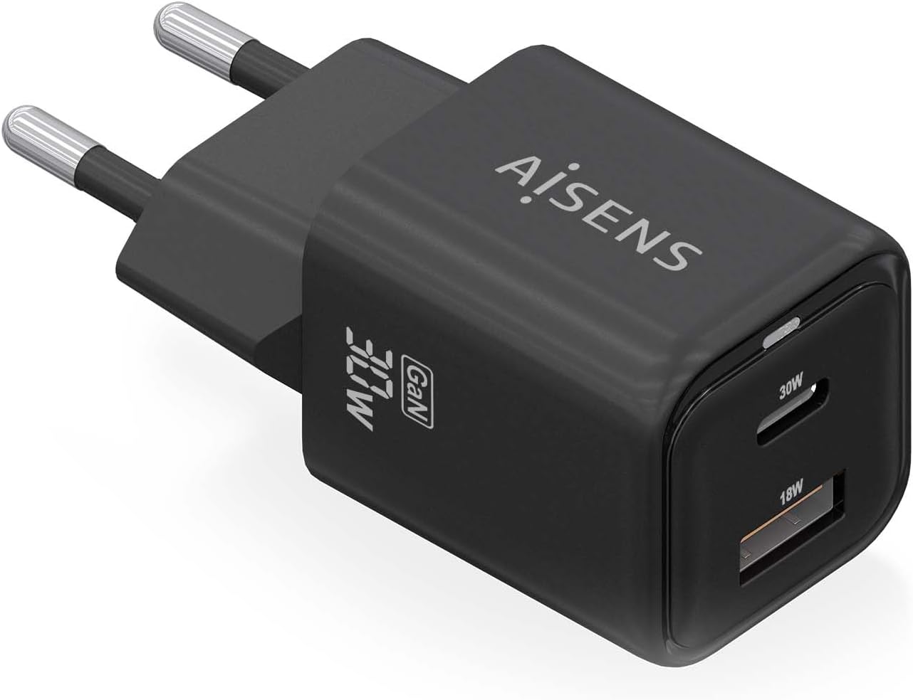 Carregador de Parede GaN Aisens ASCH-30W2P021-BK/ 1xUSB Tipo-C/ 1xUSB/ 30W