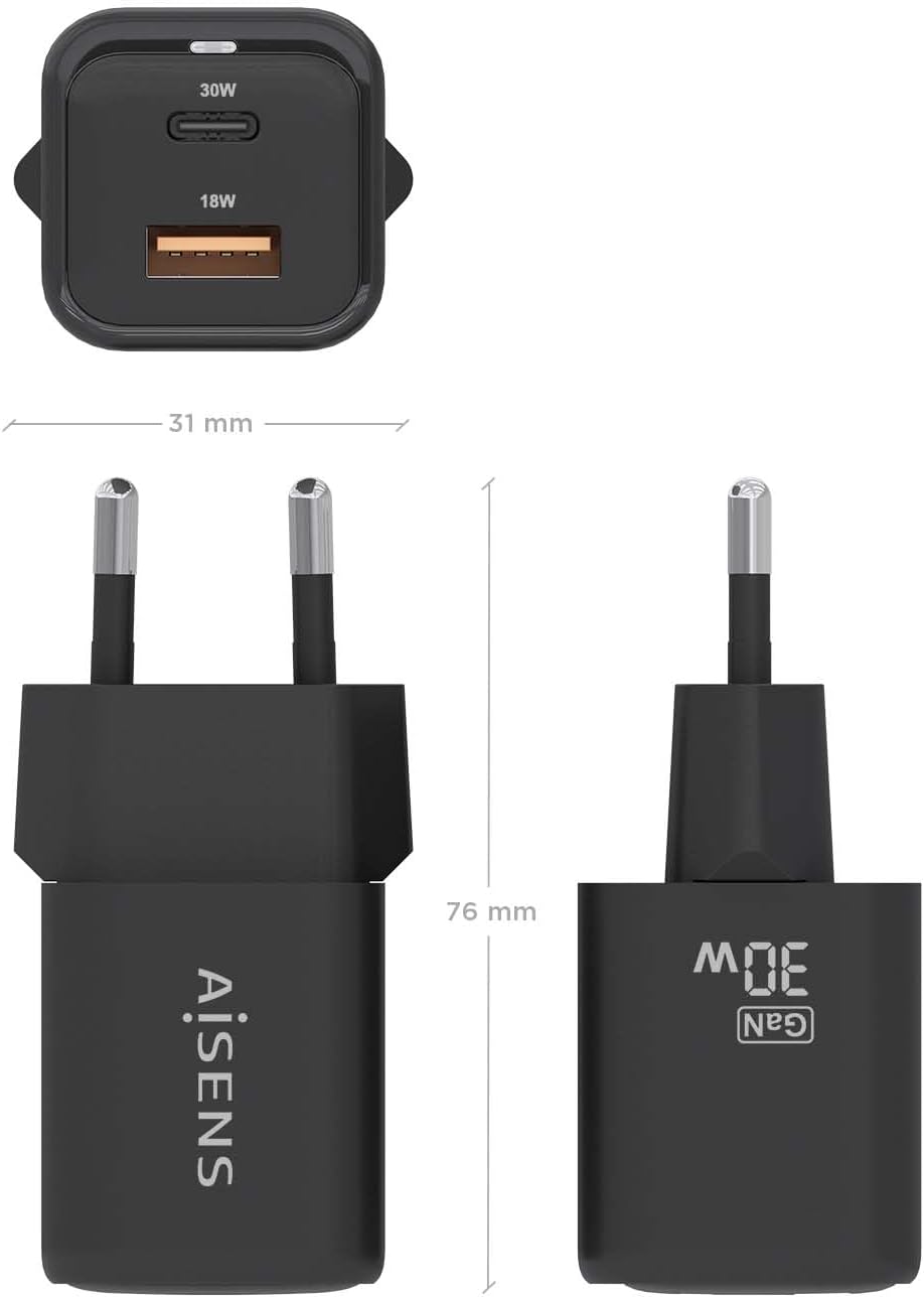Carregador de Parede GaN Aisens ASCH-30W2P021-BK/ 1xUSB Tipo-C/ 1xUSB/ 30W - Imagem 4