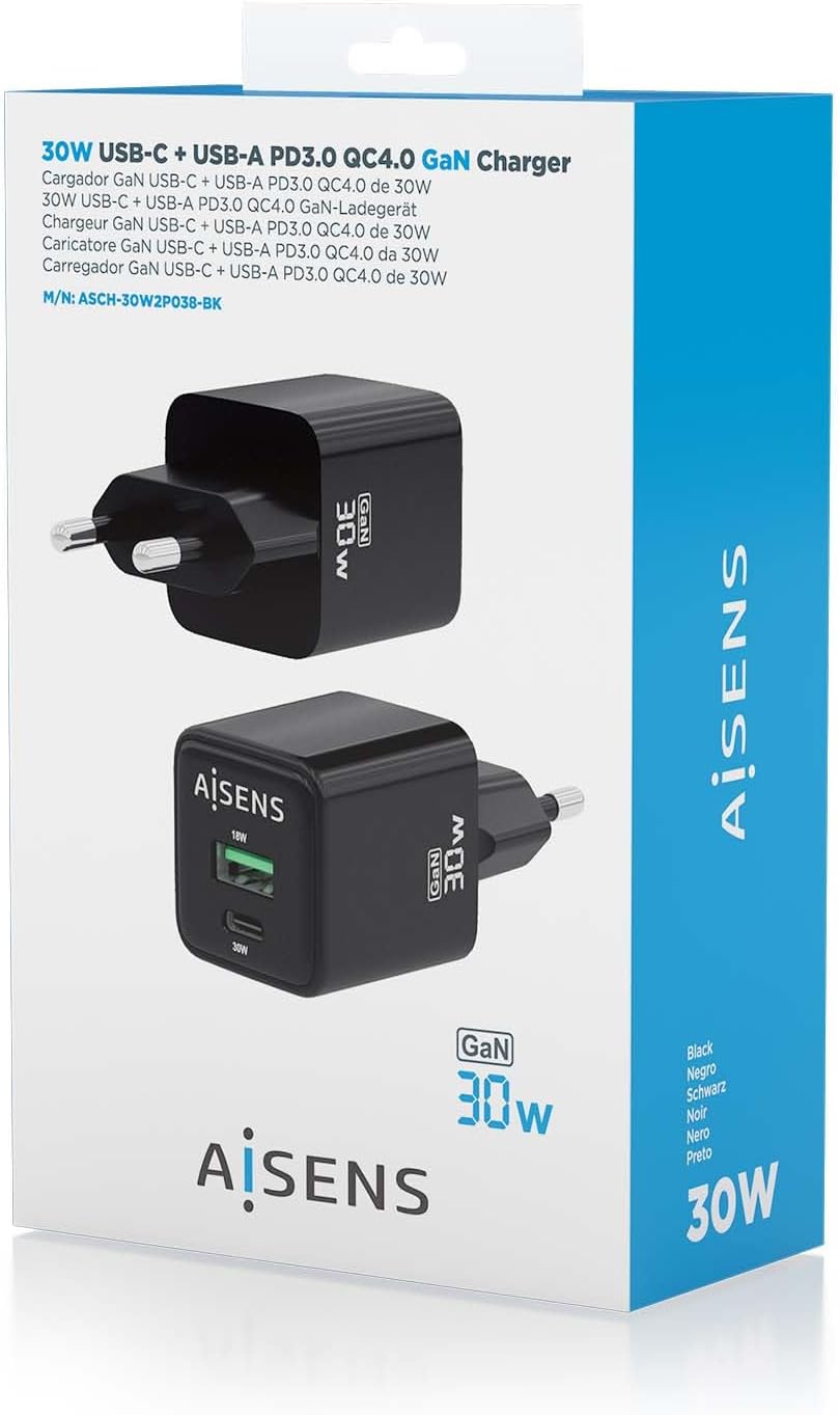 Carregador de Parede GaN Aisens ASCH-30W2P038-BK/ 1xUSB Tipo-C/ 1xUSB/ 30W - Imagem 7