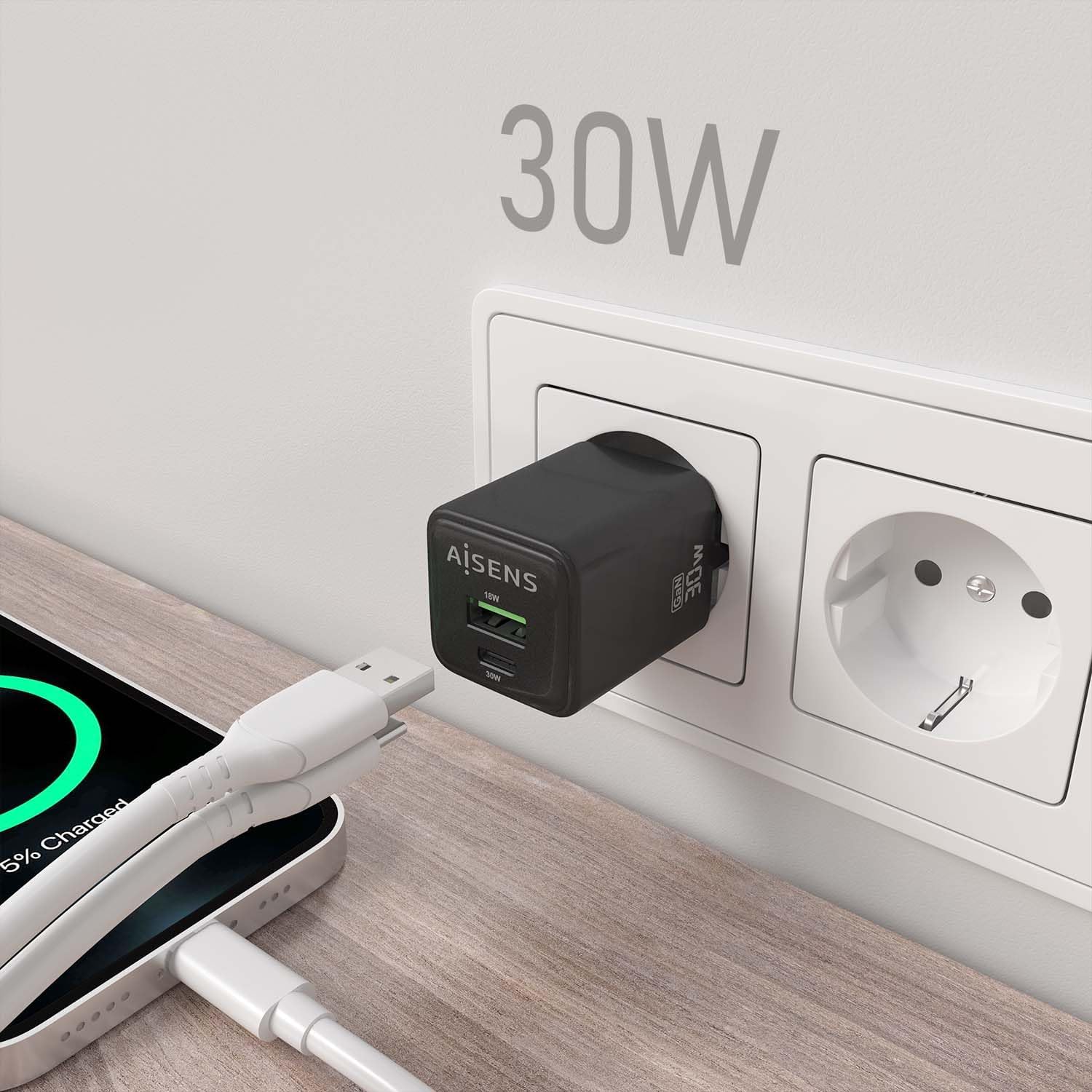 Carregador de Parede GaN Aisens ASCH-30W2P038-BK/ 1xUSB Tipo-C/ 1xUSB/ 30W - Imagem 6