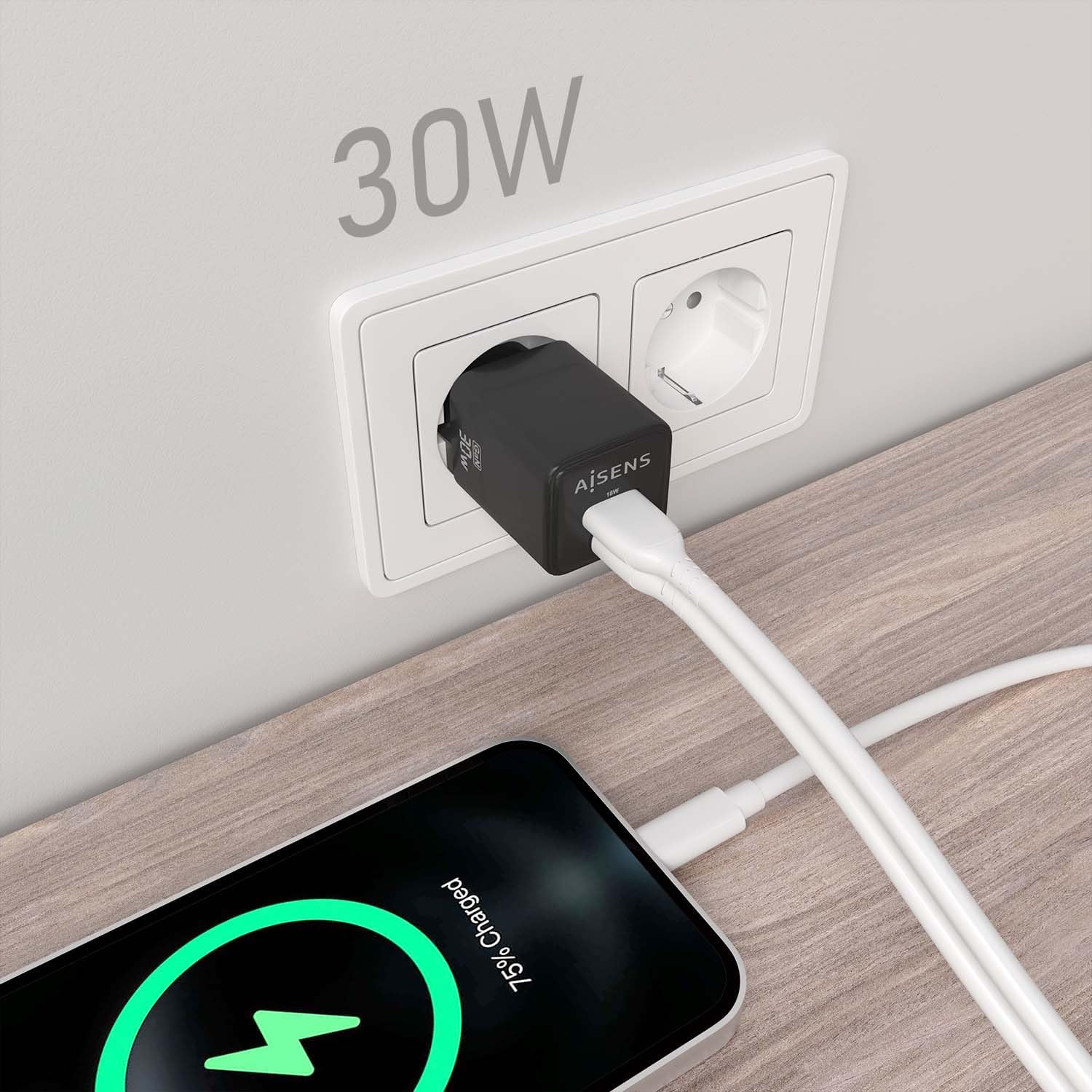 Carregador de Parede GaN Aisens ASCH-30W2P038-BK/ 1xUSB Tipo-C/ 1xUSB/ 30W - Imagem 5