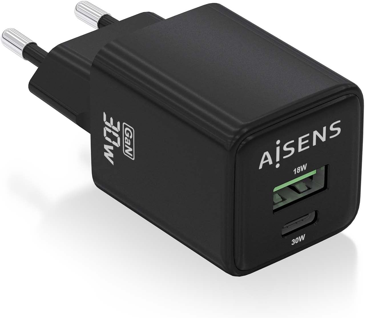 Carregador de Parede GaN Aisens ASCH-30W2P038-BK/ 1xUSB Tipo-C/ 1xUSB/ 30W