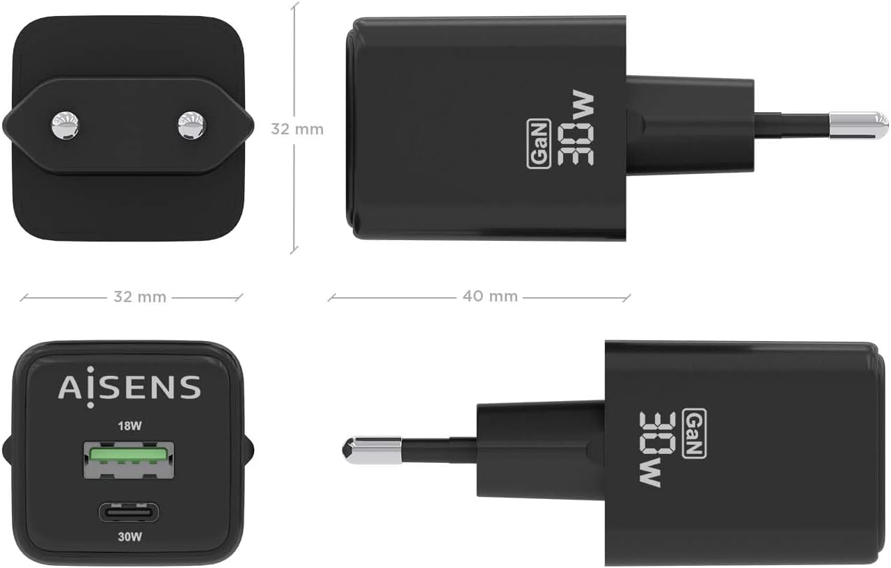 Carregador de Parede GaN Aisens ASCH-30W2P038-BK/ 1xUSB Tipo-C/ 1xUSB/ 30W - Imagem 4