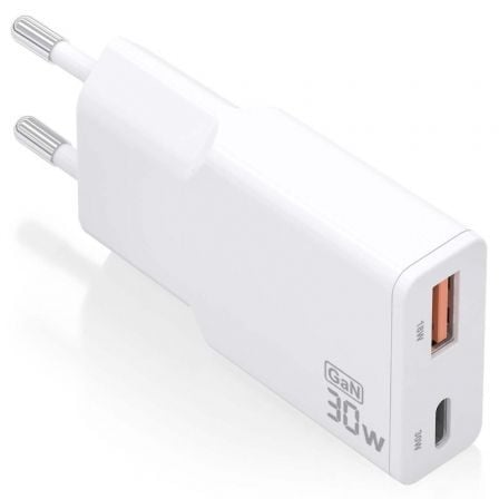 Carregador de Parede GaN Aisens ASCH-30W2P046-W/ 1xUSB Tipo-C/ 1xUSB/ 30W/ Branco