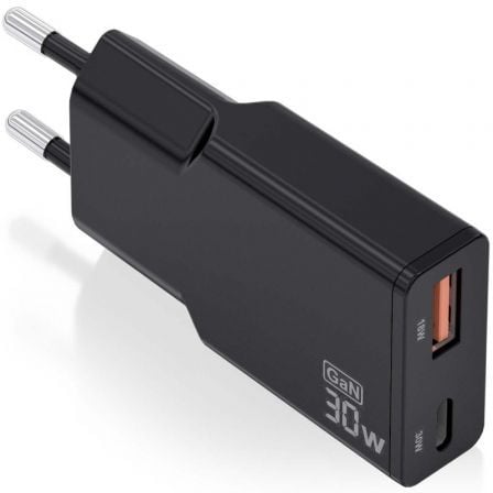 Carregador de Parede GaN Aisens ASCH-30W2P047-BK/ 1xUSB Tipo-C/ 1xUSB/ 30W/ Preto