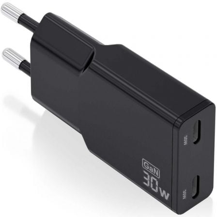 Carregador de Parede GaN Aisens ASCH-30W2P049-BK/ 2xUSB Tipo-C/ 30W/ Preto