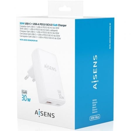 Carregador de Parede GaN Aisens ASCH-30W2P074-W/ 1xUSB Tipo-C/ 1xUSB/ 30W/ Branco - Imagem 4