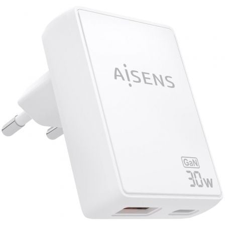 Carregador de Parede GaN Aisens ASCH-30W2P074-W/ 1xUSB Tipo-C/ 1xUSB/ 30W/ Branco