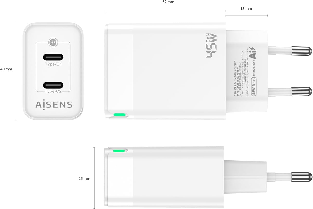 Carregador de Parede GaN Aisens ASCH-45W2P005-W/ 2xUSB Tipo-C/ 45W - Imagem 4