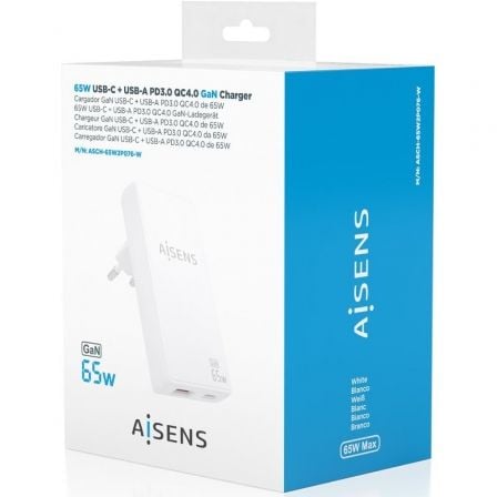Carregador de Parede GaN Aisens ASCH-65W2P076-W/ 1xUSB Tipo-C/ 1xUSB/ 65W/ Branco - Imagem 4