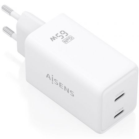 Carregador de Parede GaN Aisens ASCH-65W2P078-W/ 2xUSB Tipo-C/ 65W/ Branco