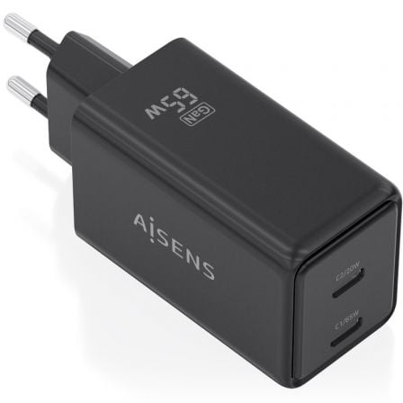 Carregador de Parede GaN Aisens ASCH-65W2P079-BK/ 2xUSB Tipo-C/ 65W/ Preto