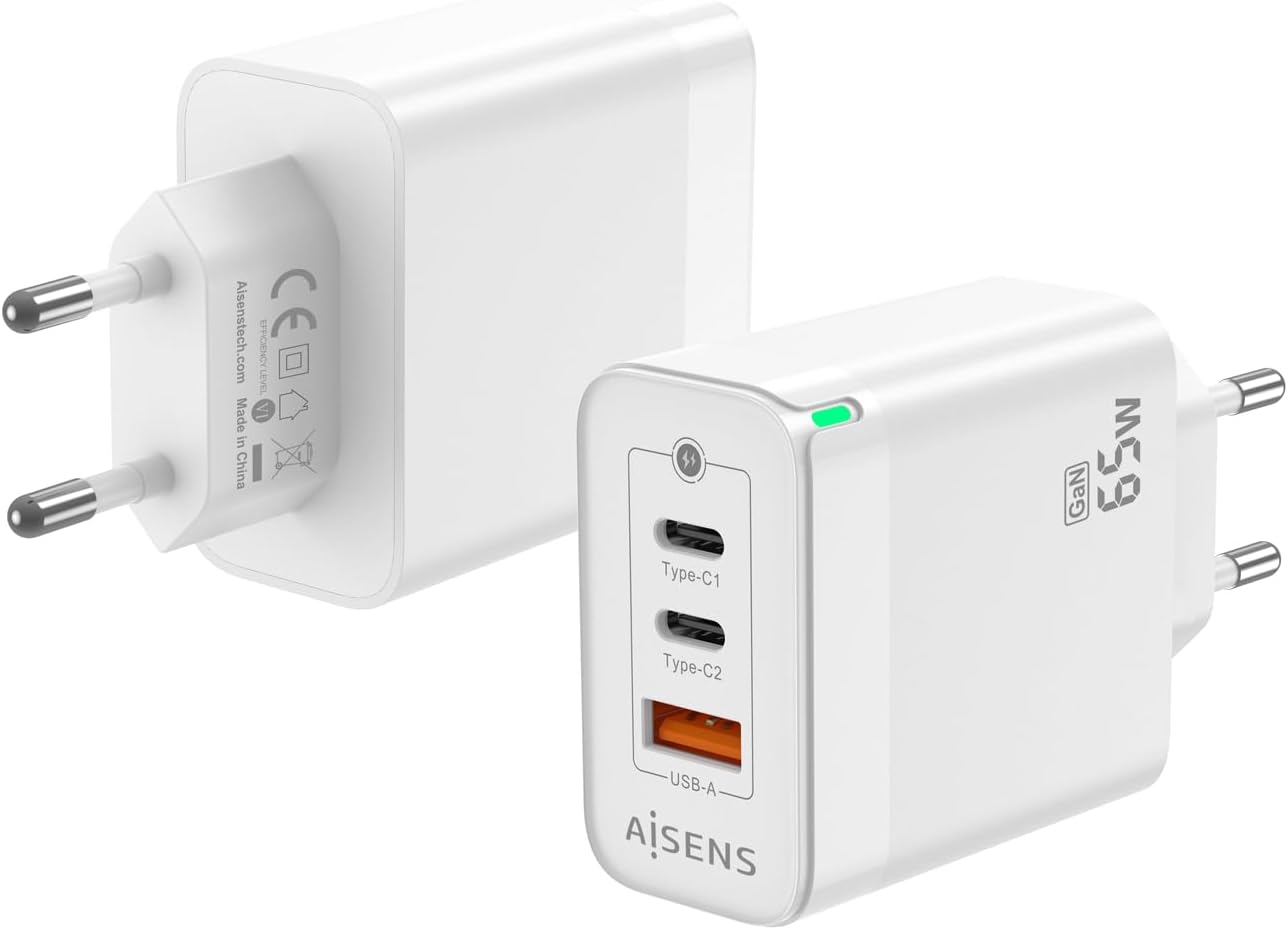 Carregador de Parede GaN Aisens ASCH-65W3P007-W/ 2xUSB Tipo-C/ 1x USB/ 65W