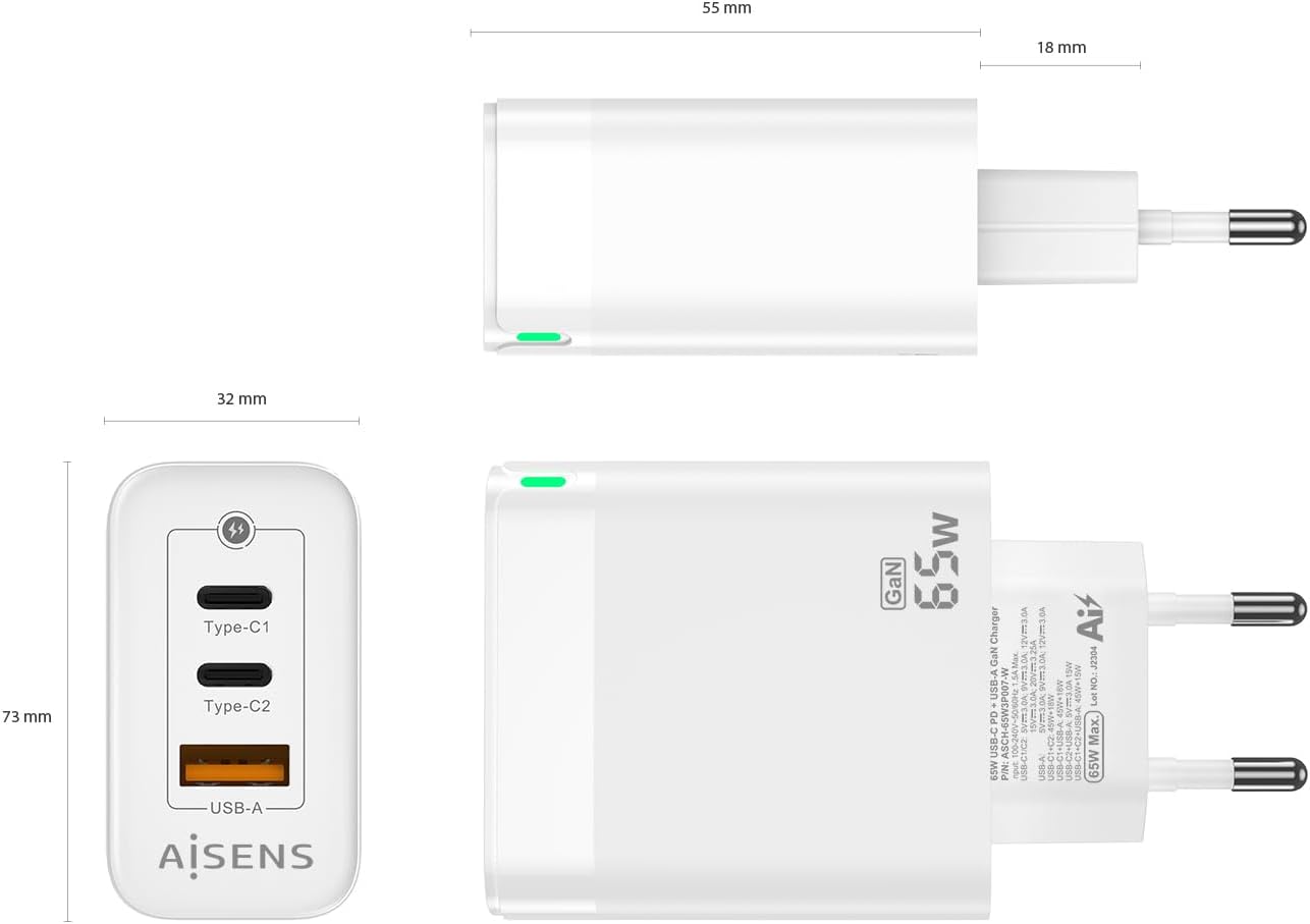 Carregador de Parede GaN Aisens ASCH-65W3P007-W/ 2xUSB Tipo-C/ 1x USB/ 65W - Imagem 4