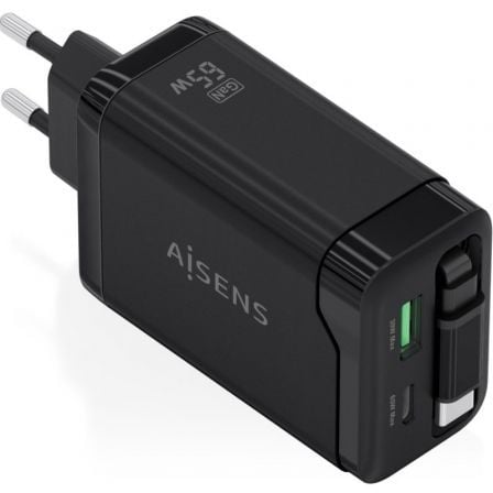 Carregador de Parede GaN Aisens ASCH-65W3P071-BK/ 1xUSB Tipo-C/ 1xUSB/ 65W/ Preto