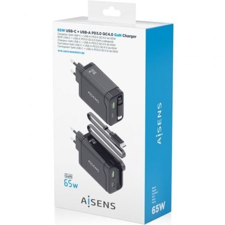 Carregador de Parede GaN Aisens ASCH-65W3P071-BK/ 1xUSB Tipo-C/ 1xUSB/ 65W/ Preto - Imagem 4
