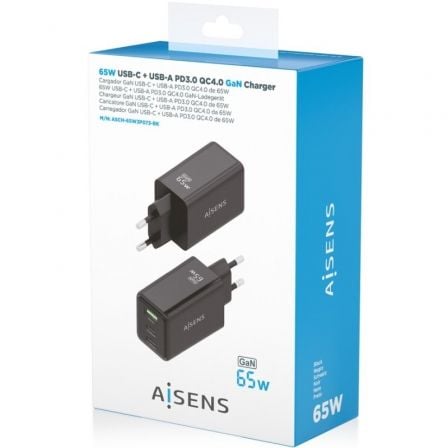 Carregador de Parede GaN Aisens ASCH-65W3P073-BK/ 2xUSB Tipo-C/ 1xUSB/ 65W/ Preto - Imagem 4