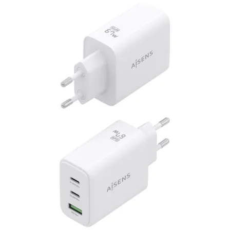 Carregador GaN AISENS ASCH-67W3P086-W 67W 2x USB-C PD3.0 1x USB-A QC3.0 Branco - Imagem 3