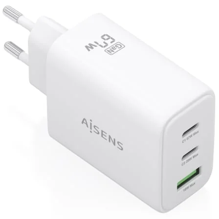 Carregador GaN AISENS ASCH-67W3P086-W 67W 2x USB-C PD3.0 1x USB-A QC3.0 Branco