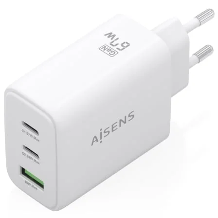 Carregador GaN AISENS ASCH-67W3P086-W 67W 2x USB-C PD3.0 1x USB-A QC3.0 Branco - Imagem 2