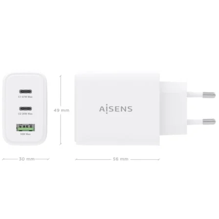Carregador GaN AISENS ASCH-67W3P086-W 67W 2x USB-C PD3.0 1x USB-A QC3.0 Branco - Imagem 4