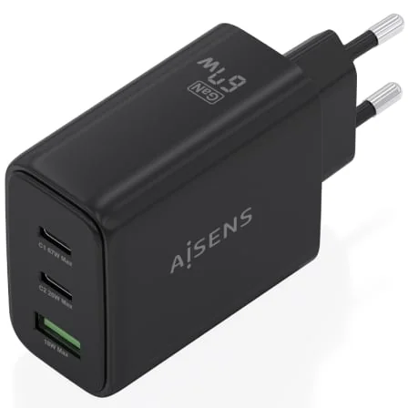 Carregador de Parede AISENS GaN 67W 2x USB-C PD 3.0 1x USB-A QC 3.0 Preto - Imagem 2