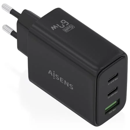 Carregador de Parede AISENS GaN 67W 2x USB-C PD 3.0 1x USB-A QC 3.0 Preto
