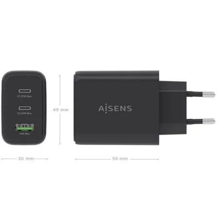 Carregador de Parede AISENS GaN 67W 2x USB-C PD 3.0 1x USB-A QC 3.0 Preto - Imagem 4