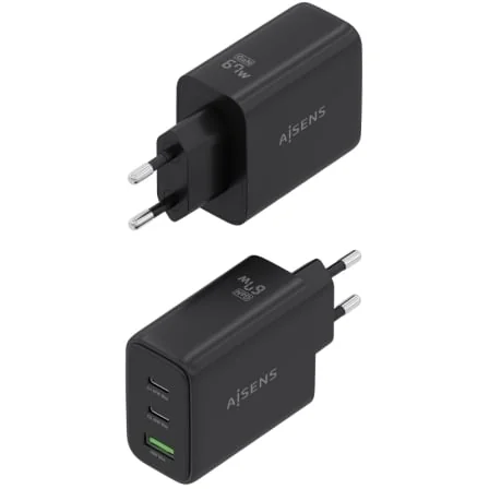 Carregador de Parede AISENS GaN 67W 2x USB-C PD 3.0 1x USB-A QC 3.0 Preto - Imagem 3