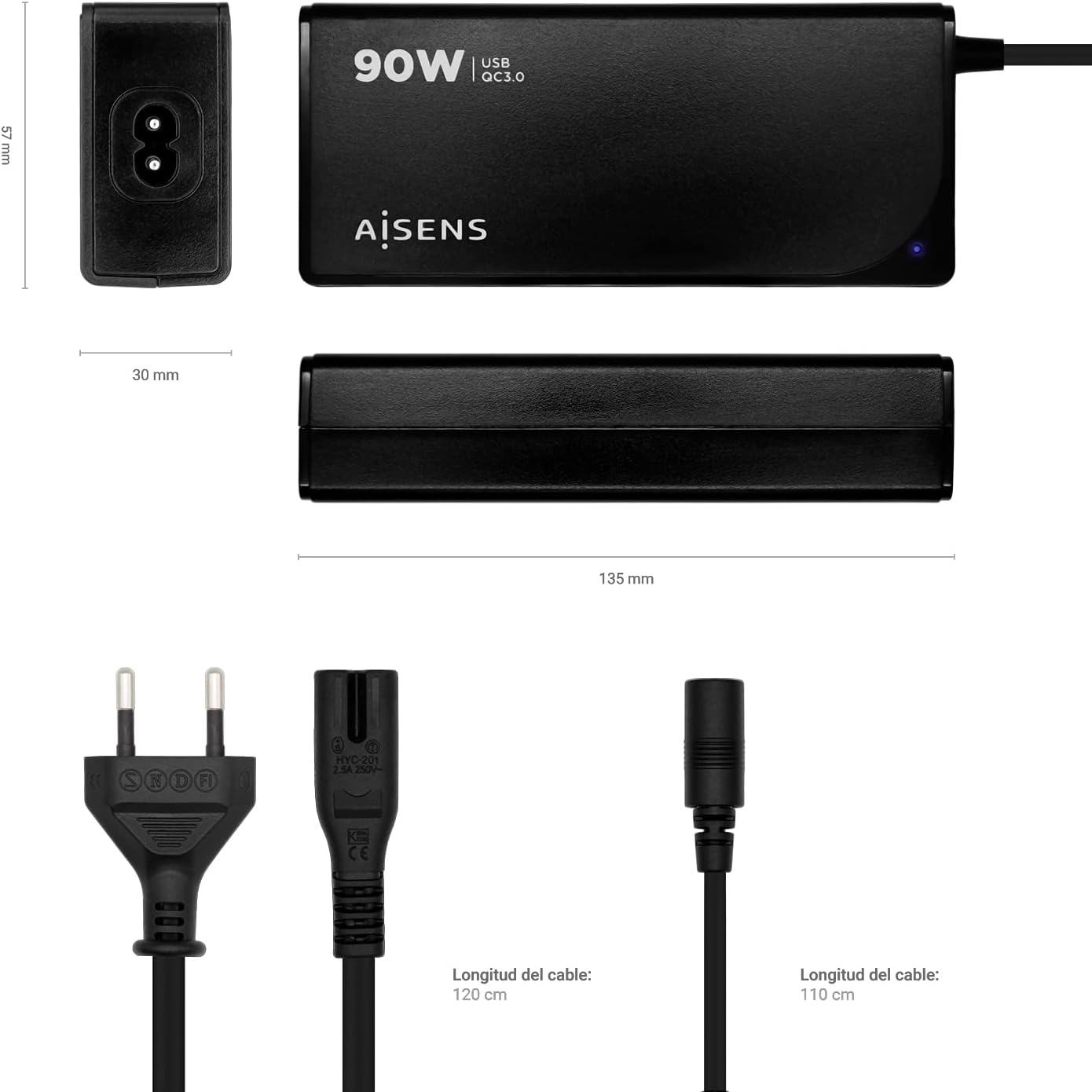Carregador de Portátil Aisens ASLC-90WAUTO-BK/ 90W/ Automático/ 12 Conectores/ Voltagem 15-20V/ 1 USB QC3.0 - Imagem 4