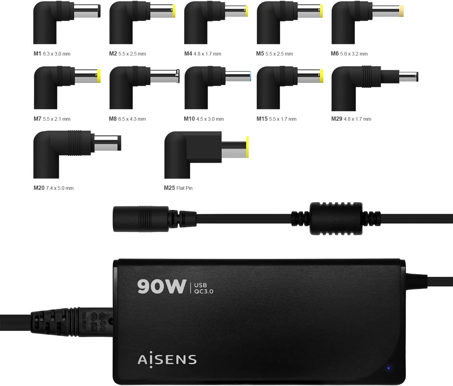 Carregador de Portátil Aisens ASLC-90WAUTO-BK/ 90W/ Automático/ 12 Conectores/ Voltagem 15-20V/ 1 USB QC3.0 - Imagem 5
