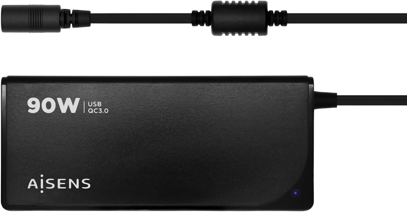 Carregador de Portátil Aisens ASLC-90WAUTO-BK/ 90W/ Automático/ 12 Conectores/ Voltagem 15-20V/ 1 USB QC3.0