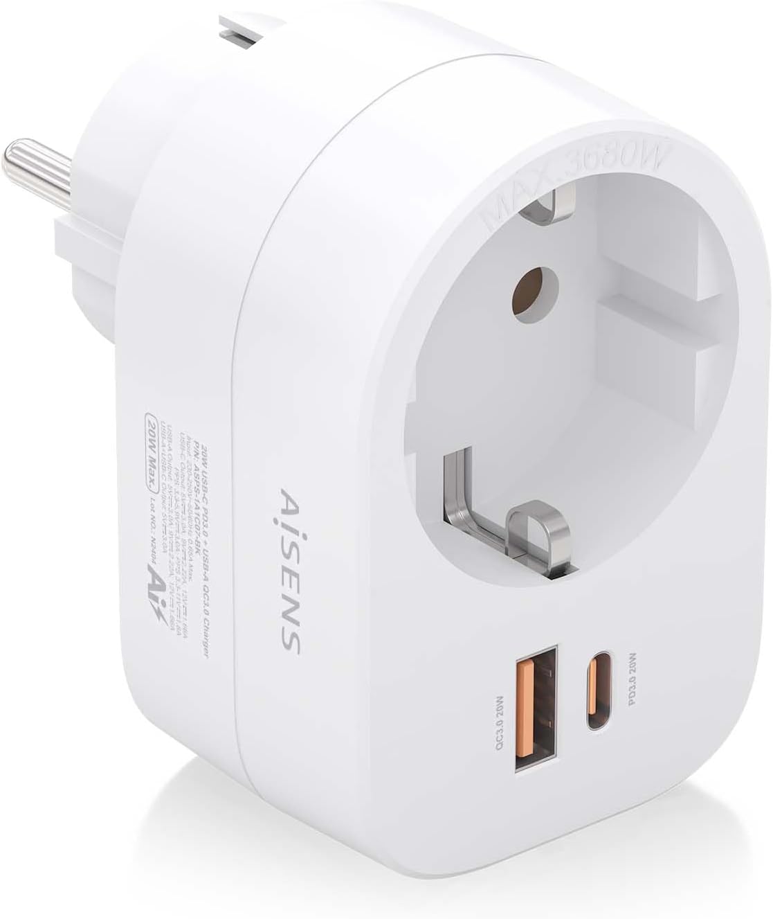 Tomada Aisens ASPS-1A1C06-W/ 1 Tomada de Corrente/ 1 USB Tipo-C PD/ 1 USB/ Branco