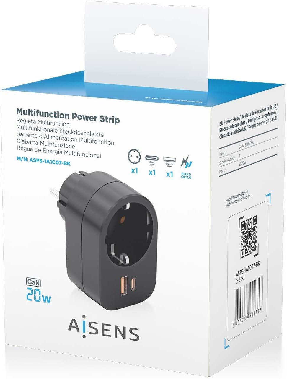 Tomada Aisens ASPS-1A1C07-BK/ 1 Tomada de Corrente/ 1 USB Tipo-C PD/ 1 USB/ Preto - Imagem 7