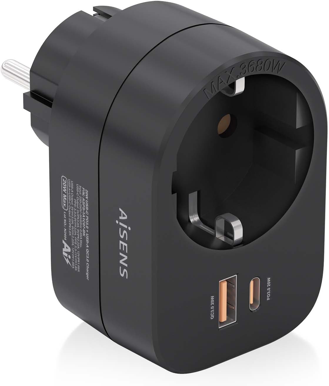 Tomada Aisens ASPS-1A1C07-BK/ 1 Tomada de Corrente/ 1 USB Tipo-C PD/ 1 USB/ Preto