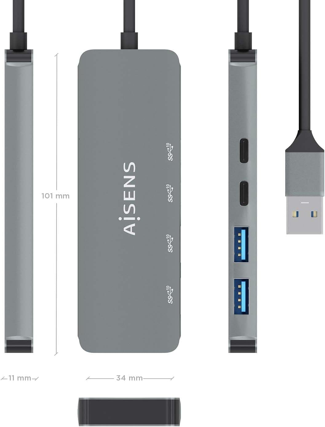 Hub USB 3.2 Aisens A106-0696/ 2xUSB/ 2xUSB Tipo-C/ Cinzento - Imagem 4