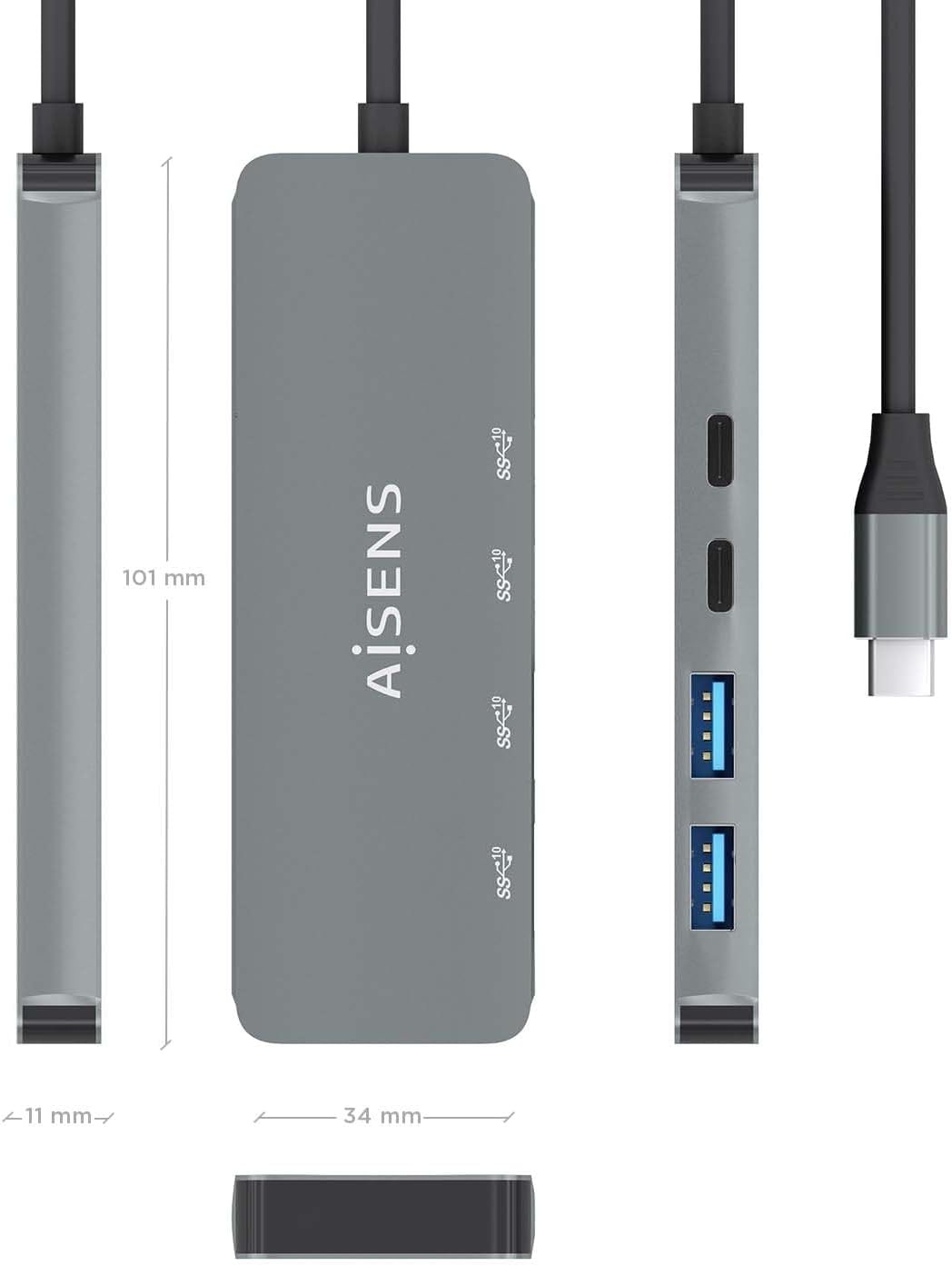 Hub USB Tipo-C Aisens A109-0694/ 2xUSB/ 2xUSB Tipo-C/ Cinzento - Imagem 4