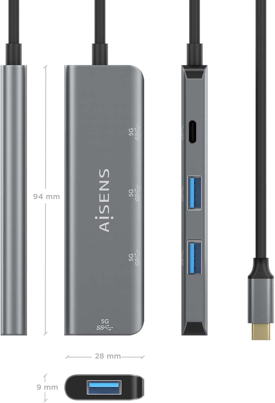 Hub USB Tipo-C Aisens A109-0762/ 3xUSB/ 1xUSB Tipo-C/ Cinzento - Imagem 4
