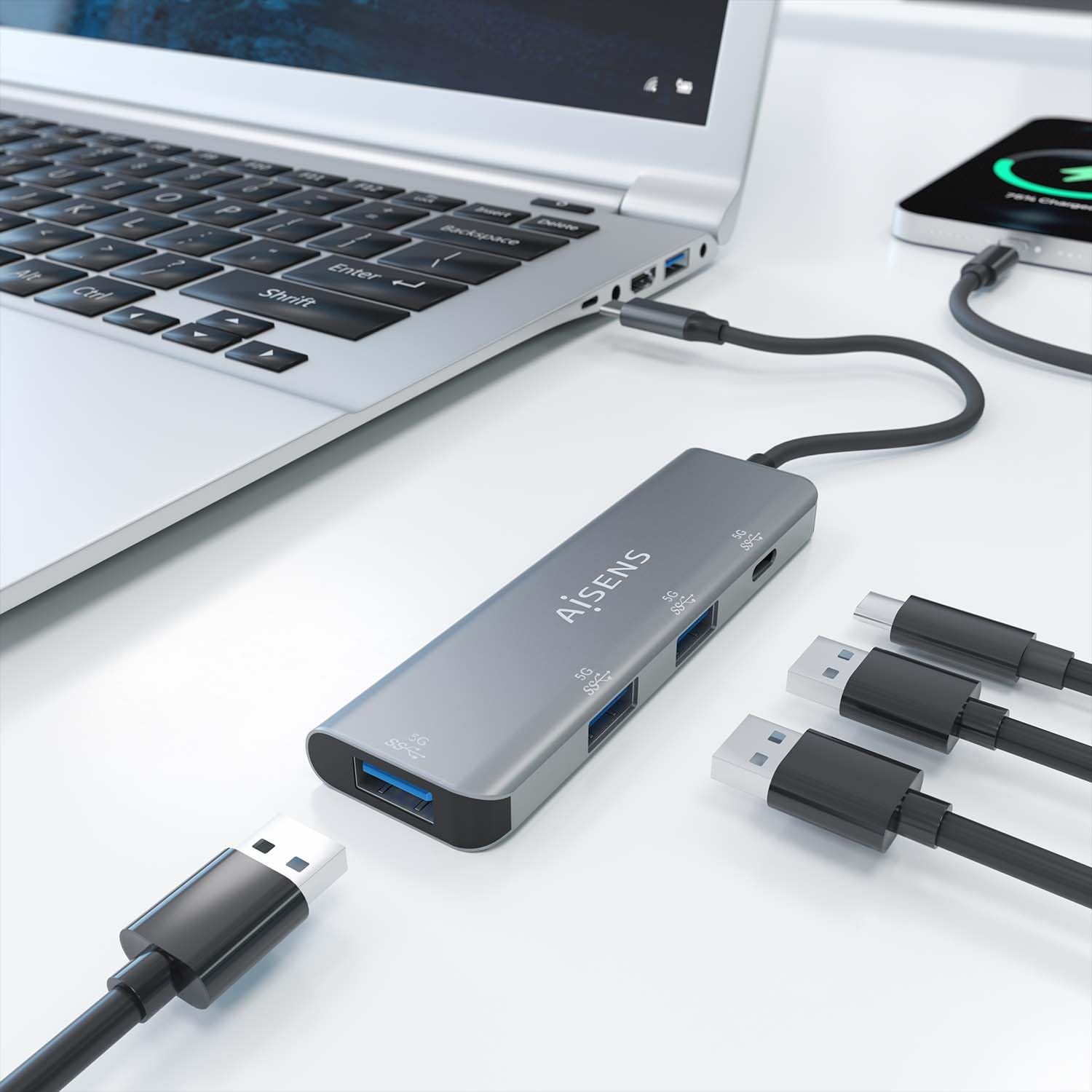 Hub USB Tipo-C Aisens A109-0762/ 3xUSB/ 1xUSB Tipo-C/ Cinzento - Imagem 5