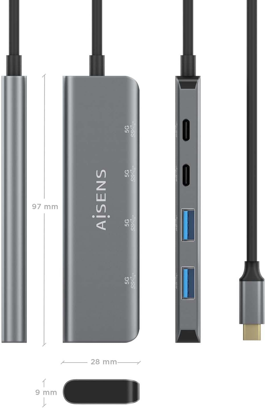Hub USB Tipo-C Aisens A109-0763/ 2xUSB/ 2xUSB Tipo-C/ Cinzento - Imagem 4