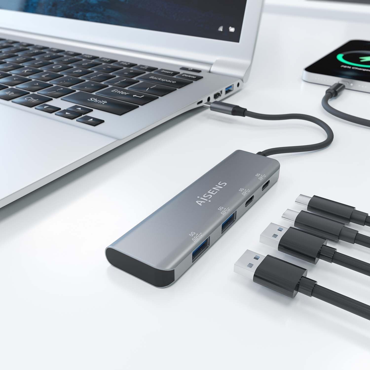Hub USB Tipo-C Aisens A109-0763/ 2xUSB/ 2xUSB Tipo-C/ Cinzento - Imagem 5