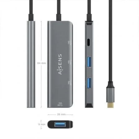 Hub USB-C AISENS A109-0764 USB 3.2 Gen2 10Gbps 1x USB-C 3x USB-A 15cm Cinzento - Imagem 4