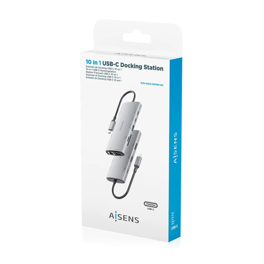 Docking Station AISENS ASUC-10P050-GR USB-C 10-em-1 HDMI 4K DisplayPort RJ45 PD 100W Cinzento - Imagem 7