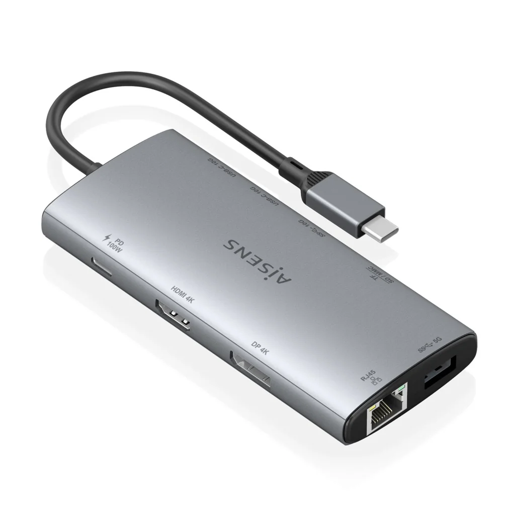 Docking Station AISENS ASUC-10P050-GR USB-C 10-em-1 HDMI 4K DisplayPort RJ45 PD 100W Cinzento - Imagem 2
